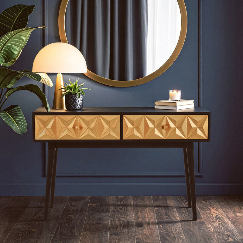 Black and Gold Mango Wood Console Table with Geometric Accents | Malta