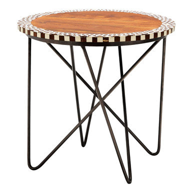 Natural Geometric Acacia Wood Round Side Table with Black Metal Legs | Artisan