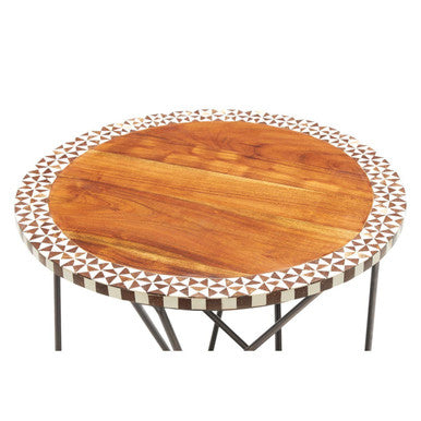 Natural Geometric Acacia Wood Round Side Table with Black Metal Legs | Artisan
