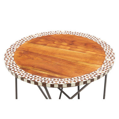 Natural Geometric Acacia Wood Round Side Table with Black Metal Legs | Artisan