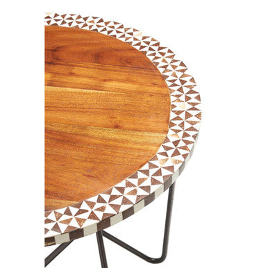 Natural Geometric Acacia Wood Round Side Table with Black Metal Legs | Artisan