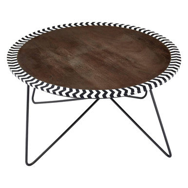 Natural Acacia Wood Coffee Table with Chevron Trim and Black Iron Hairpin Legs | Artisan