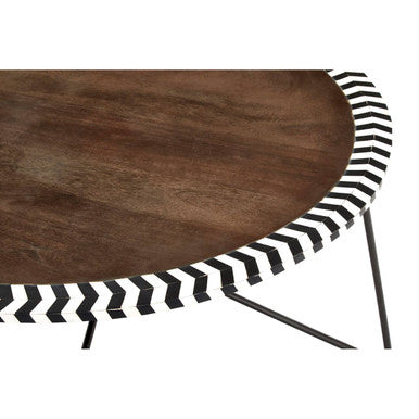 Natural Acacia Wood Coffee Table with Chevron Trim and Black Iron Hairpin Legs | Artisan