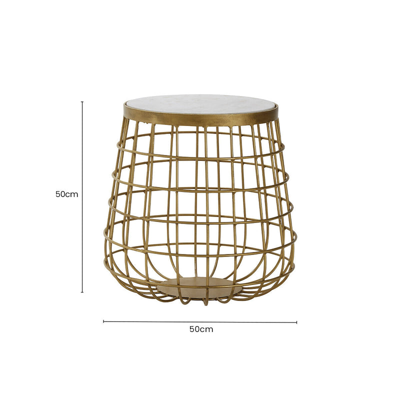 White Marble Top Side Table with Gold Brass Finish Latticed Metal Base | Nirav