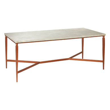 White Marble Top Coffee Table with Warm Copper Tapered Iron Legs | Nirav