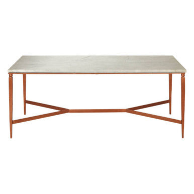 White Marble Top Coffee Table with Warm Copper Tapered Iron Legs | Nirav