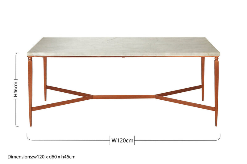 White Marble Top Coffee Table with Warm Copper Tapered Iron Legs | Nirav