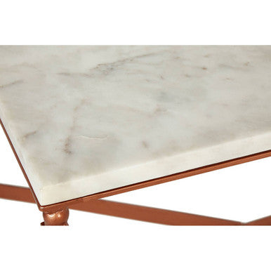 White Marble Top Coffee Table with Warm Copper Tapered Iron Legs | Nirav