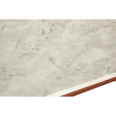White Marble Top Coffee Table with Warm Copper Tapered Iron Legs | Nirav