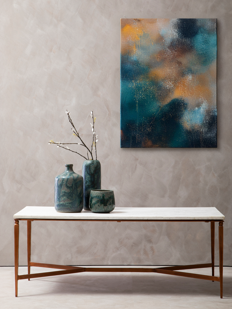 White Marble Top Coffee Table with Warm Copper Tapered Iron Legs | Nirav