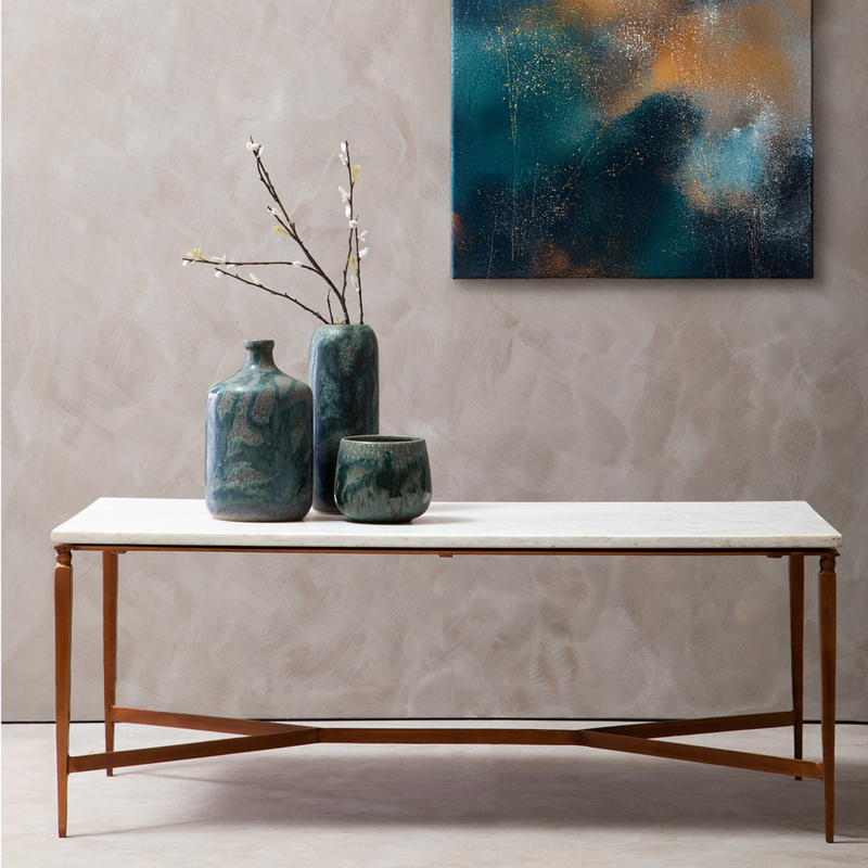 White Marble Top Coffee Table with Warm Copper Tapered Iron Legs | Nirav
