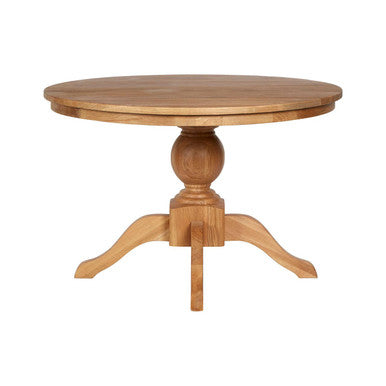 Brown Solid Natural Oak Wood Round Dining Table with Turned Pedestal Base | Lyon
