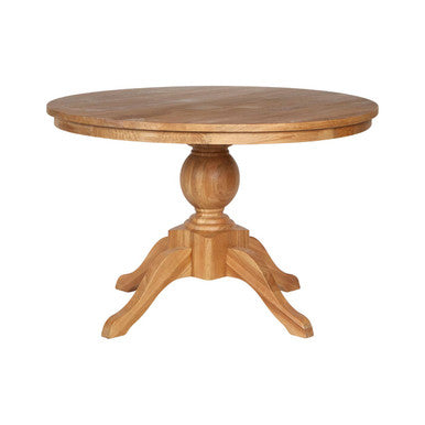 Brown Solid Natural Oak Wood Round Dining Table with Turned Pedestal Base | Lyon