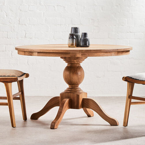 Brown Solid Natural Oak Wood Round Dining Table with Turned Pedestal Base | Lyon