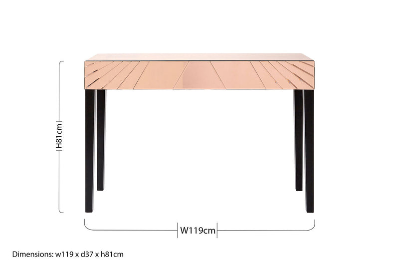 Rose Gold Mirrored Console Table with Sunburst Engraving and Black Legs | Kensington Townhouse