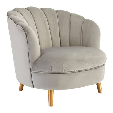 Grey Velvet Scalloped Curved Chair with Gold Wood Legs | Orlina
