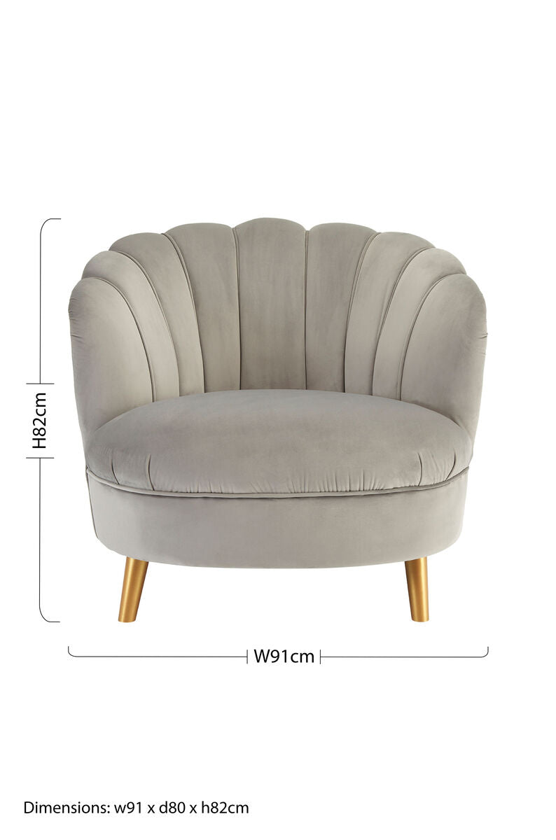 Grey Velvet Scalloped Curved Chair with Gold Wood Legs | Orlina