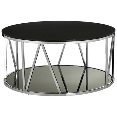 Round Chrome Finish Stainless Steel Base Coffee Table with Black Tempered Glass Top | Alvaro