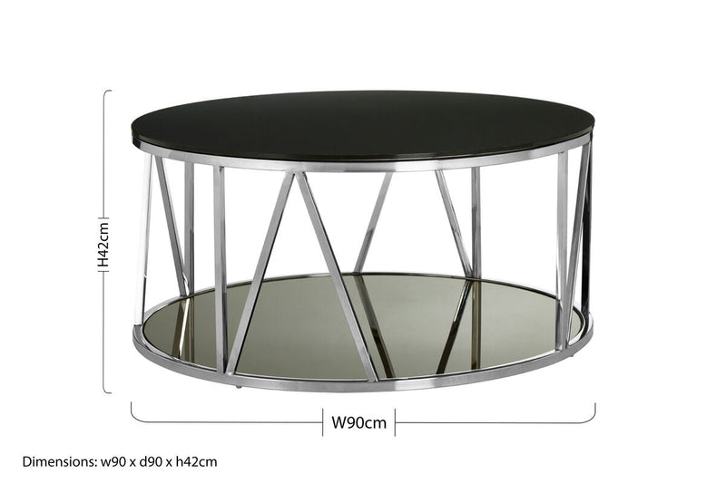 Round Chrome Finish Stainless Steel Base Coffee Table with Black Tempered Glass Top | Alvaro