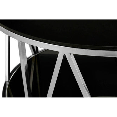 Round Chrome Finish Stainless Steel Base Coffee Table with Black Tempered Glass Top | Alvaro
