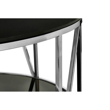 Round Chrome Finish Stainless Steel Base Coffee Table with Black Tempered Glass Top | Alvaro