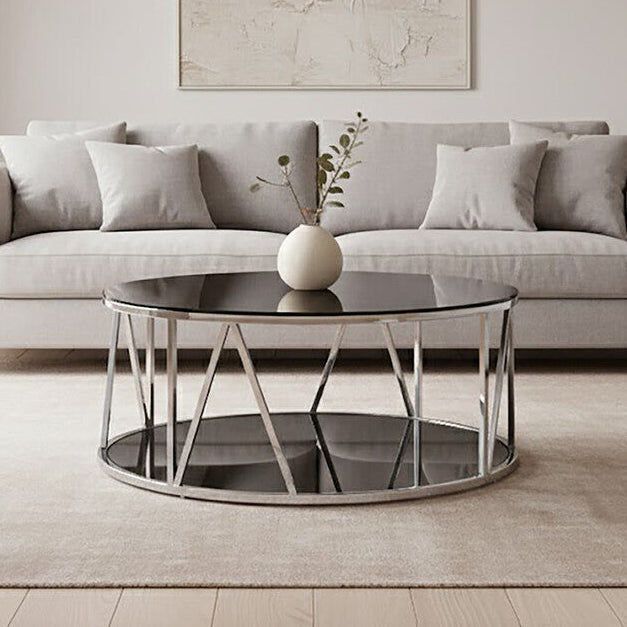Round Chrome Finish Stainless Steel Base Coffee Table with Black Tempered Glass Top | Alvaro