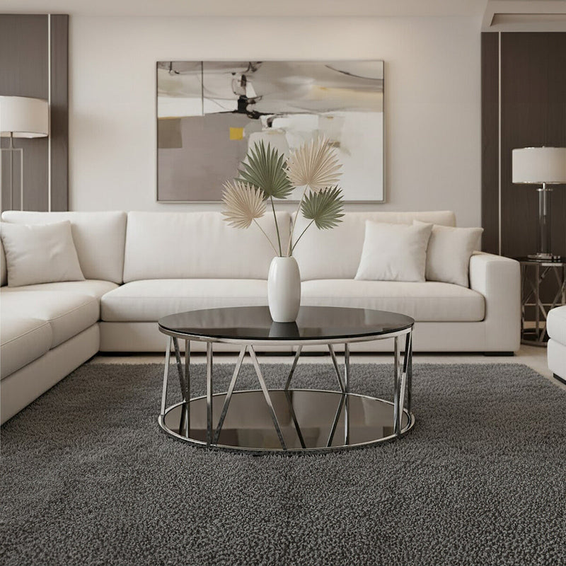 Round Chrome Finish Stainless Steel Base Coffee Table with Black Tempered Glass Top | Alvaro