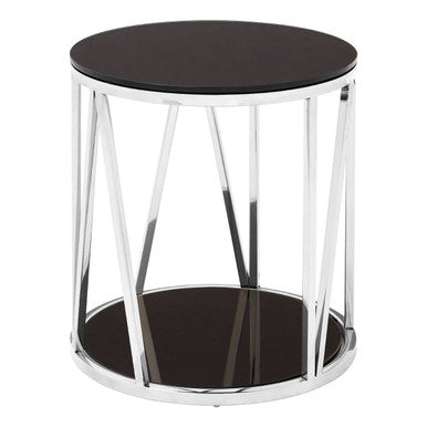 Black Tempered Glass Round Side Table with Chrome Reflective Stainless Steel Base | Alvaro