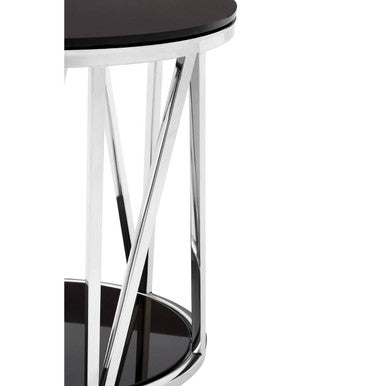 Black Tempered Glass Round Side Table with Chrome Reflective Stainless Steel Base | Alvaro