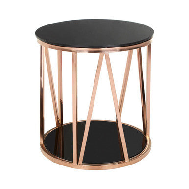 Black Tempered Glass Round Side Table with Rose Gold Reflective Stainless Steel Base | Alvaro