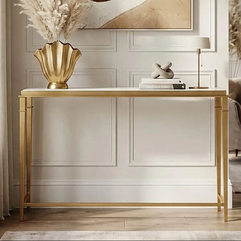 White Marble Top Console Table with Warm Gold Stainless Steel Frame | Alvaro