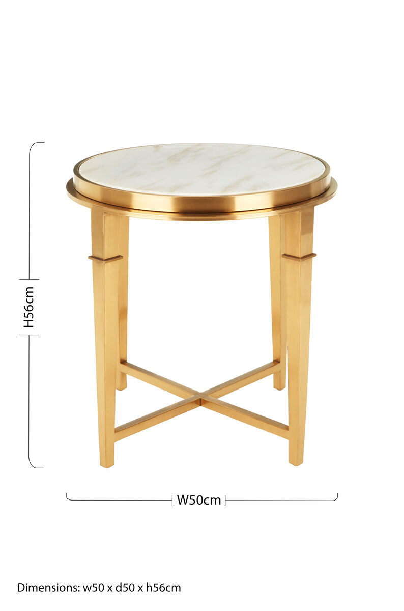 Round White Marble Top Side Table with Warm Gold Finish Stainless Steel Frame | Alvaro