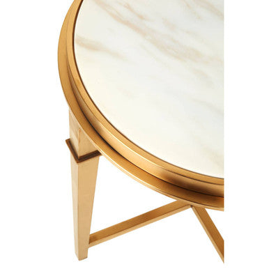 Round White Marble Top Side Table with Warm Gold Finish Stainless Steel Frame | Alvaro