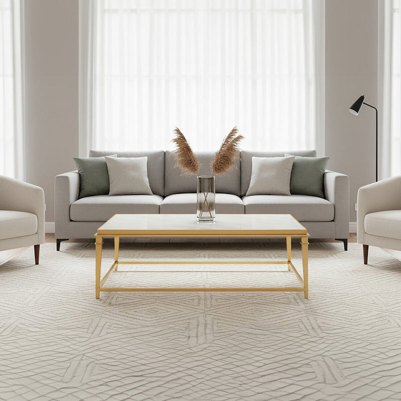 Rectangular White Marble Coffee Table with Warm Gold Stainless Steel Frame | Alvaro