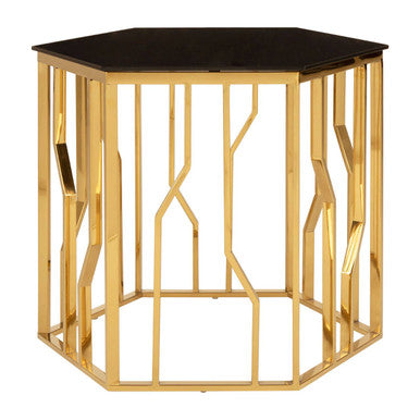 Gold Tone Stainless Steel Hexagonal Side Table with Black Glass Top | Alvaro