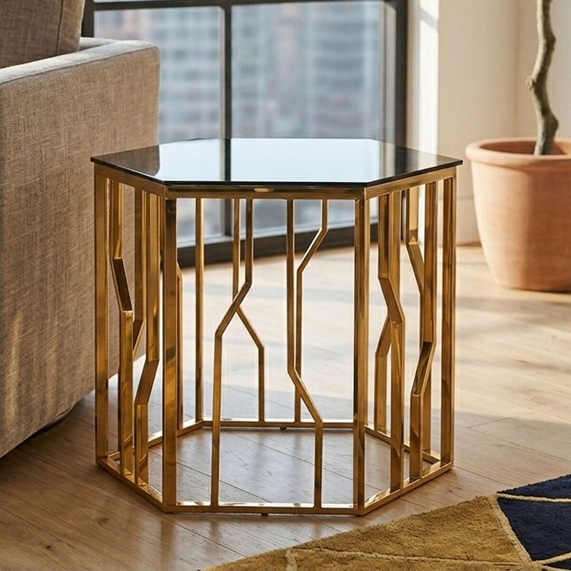 Gold Tone Stainless Steel Hexagonal Side Table with Black Glass Top | Alvaro