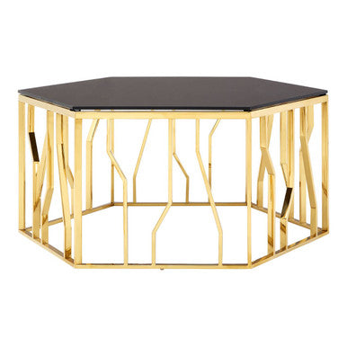 Gold Tone Stainless Steel Hexagonal Coffee Table with Black Glass Top | Alvaro