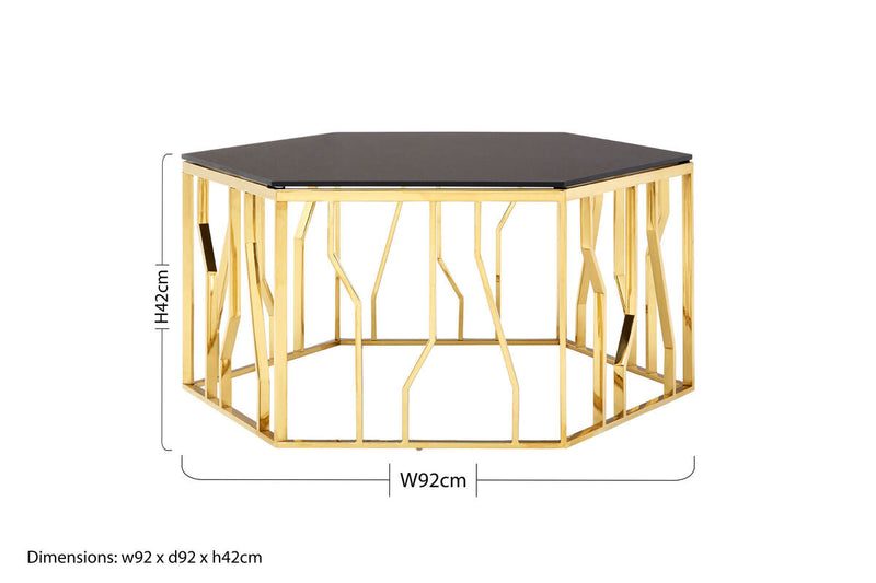 Gold Tone Stainless Steel Hexagonal Coffee Table with Black Glass Top | Alvaro