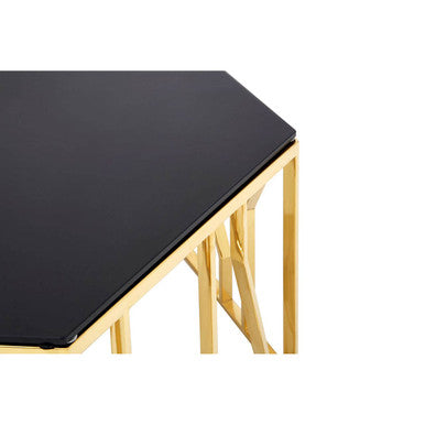 Gold Tone Stainless Steel Hexagonal Coffee Table with Black Glass Top | Alvaro