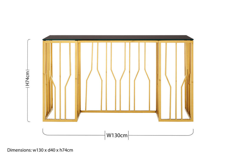 Gold Stainless Steel Frame Console Table with Black Tempered Glass Top | Alvaro