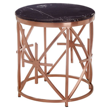 Rose Gold Finish Stainless Steel Frame Side Table with Black Marble Top | Alvaro