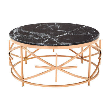 Rose Gold Finish Stainless Steel Frame Coffee Table with Black Marble Top | Alvaro