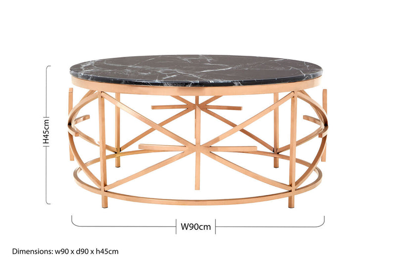 Rose Gold Finish Stainless Steel Frame Coffee Table with Black Marble Top | Alvaro