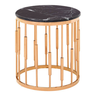 Round Rose Gold Copper Finish Frame Side Table with Black Marble Top | Alvaro