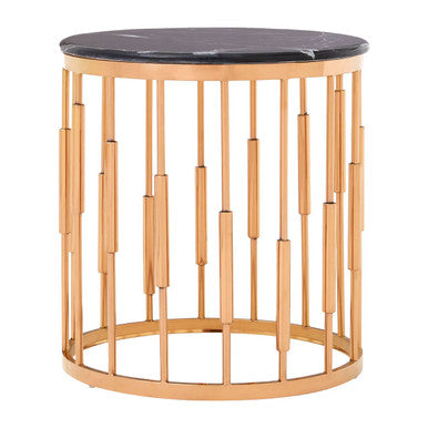 Round Rose Gold Copper Finish Frame Side Table with Black Marble Top | Alvaro