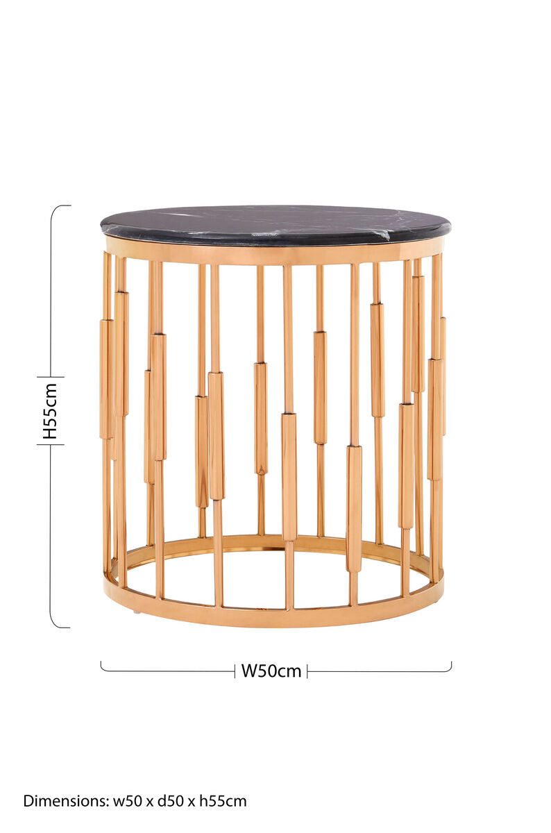 Round Rose Gold Copper Finish Frame Side Table with Black Marble Top | Alvaro