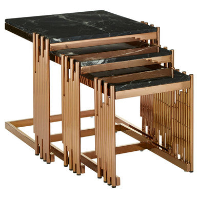 Black Marble Tops Square Nest of 3 Tables with Reflective Rose Gold Metal Frame | Alvaro