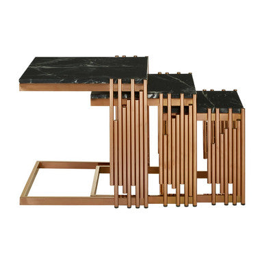 Black Marble Tops Square Nest of 3 Tables with Reflective Rose Gold Metal Frame | Alvaro