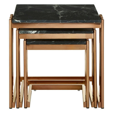 Black Marble Tops Square Nest of 3 Tables with Reflective Rose Gold Metal Frame | Alvaro