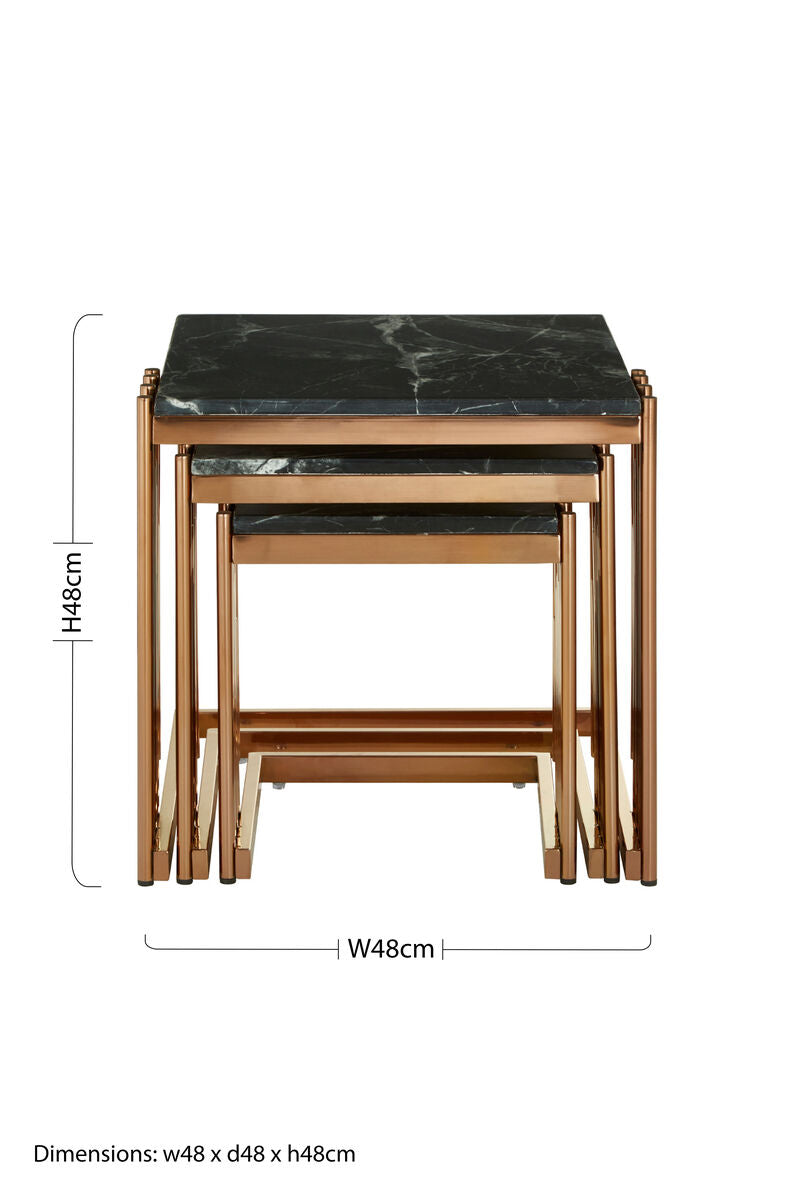 Black Marble Tops Square Nest of 3 Tables with Reflective Rose Gold Metal Frame | Alvaro